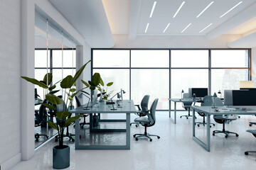 Poster - Modern open office interior with minimalist desks and chairs in a bright corporate workspace with city view through large windows. 3D Rendering