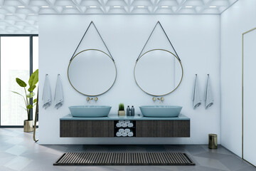 Aufkleber - Modern minimalist bathroom interior with twin round mirrors, blue sinks, and elegant decor in a spacious, clean, and well-lit room. 3D Rendering
