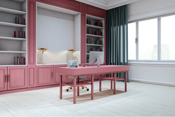 Poster - Modern executive office interior with pink furniture, computer desk, bookshelves, and panoramic city view through large window in daylight. 3D Rendering