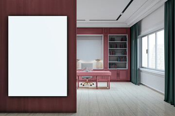 Poster - Vertical canvas mockup in modern executive office with pink desk, bookshelves, and large window lighting the clean workspace interior. 3D Rendering