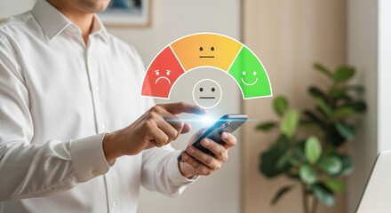 Poster - Man giving feedback on a smartphone with a satisfaction rating scale in a bright indoor setting