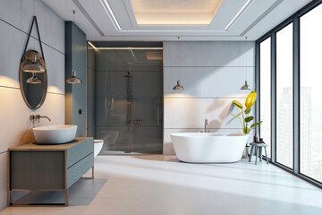 Poster - Modern luxurious bathroom interior with stylish bathtub, glass shower, wooden vanity, and city view through large windows in minimalist design. 3D Rendering