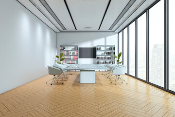 Poster - Modern conference room interior with sleek design, glass table, white chairs, parquet floor, bookshelves, and large windows overlooking cityscape. 3D Rendering