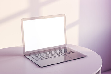 Poster - Modern laptop with blank white screen on round podium table in soft pastel studio interior with sunlight and shadows, perfect for product mockup. 3D Rendering
