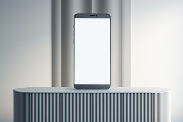 Poster - Modern smartphone with blank screen placed on ribbed podium in minimal studio interior with soft lighting and vertical panel background for mockup presentation. 3D Rendering