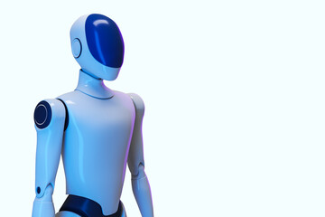 Poster - Futuristic humanoid robot with sleek design and glossy blue features standing isolated on light gradient background, symbolizing AI innovation. 3D Rendering