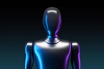 Poster - Futuristic humanoid robot with glossy black surface and neon blue-purple lighting, front view on dark gradient background for tech concept mockup. 3D Rendering
