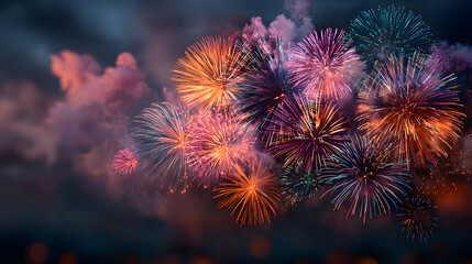 Poster - 36. Abstract firework background with free space for text. Vibrant display of colorful fireworks bursting in various patterns against a dark sky. The composition allows ample space for text, creating
