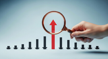 Poster - Hand holding magnifying glass over red up arrow among black down arrows on blue background