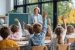 © Jana - Students engaged in learning with hands raised in a classroom during autumn