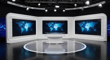 Virtual news studio background for tv broadcasting newsroom set design and news television studio setup
