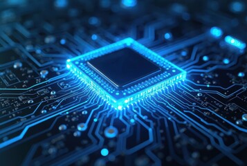 Poster - Blue light pulses from a central chip embedded in a high-tech PCB. The detail and structure symbolize power, innovation, and digital intelligence, horizontal composition