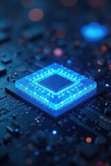 Poster - A glowing blue microprocessor sits atop a detailed circuit board, highlighting the precision and complexity of cutting-edge computing hardware, vertical composition
