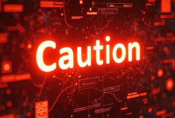 Poster - A bold red “Caution” warning glows against a cyber interface backdrop, layered with circuit patterns and abstract signals - suggesting digital threat or system anomaly, horizontal composition