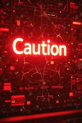 Poster - The word “Caution” glows in red across a high-tech network display. Circuit-like visuals and data clusters highlight alert status and cyber defense systems, vertical composition