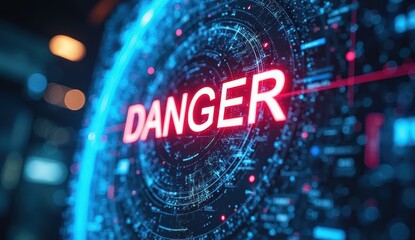 Poster - A bold red “DANGER” alert glows at the center of a futuristic interface, framed by digital circuitry and glowing nodes that signal a severe cyber threat, horizontal composition