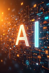 Poster - Glowing orange and blue “AI” letters stand out against a digital network of lines and nodes, symbolizing innovation, intelligence, and the fusion of human and machine technology, vertical composition