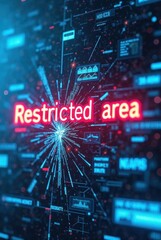 Poster - A vivid red “Restricted Area” warning glows amid a complex digital interface of graphs and data nodes, suggesting access control, cybersecurity, and critical system zones, vertical composition