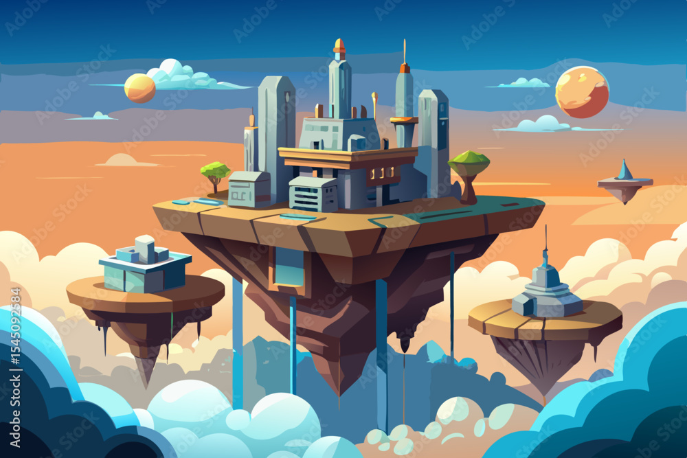 Floating city above the clouds, built on platforms anchored by gravity ...