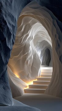 Illuminated Cave Passage with Stone Stairs