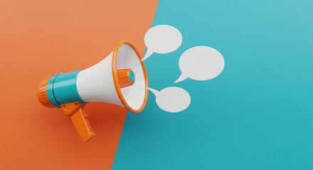 Poster - Orange and teal megaphone with blank speech bubbles on orange and teal background, symbolizing communication, announcement, marketing, and advertising