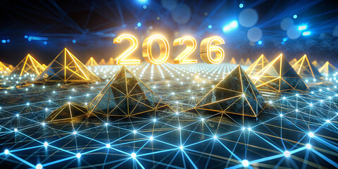 Fototapete - A vibrant digital landscape showcases glowing pyramids with intricate lines of light connecting them. The year 2026 shines brightly, creating an atmosphere of innovation and excitement