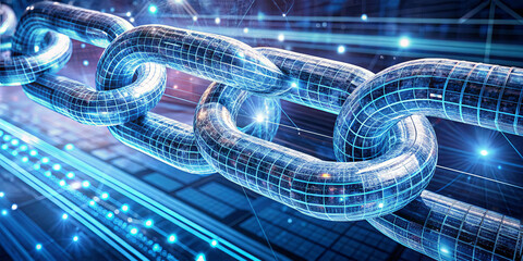 Poster - A close-up view highlights a digitally rendered metal chain link embedded in a vibrant network backdrop, symbolizing connectivity and security in blockchain technology