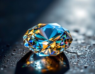 Poster - a multifaceted gemstone with iridescent hues reflecting light on a dark surface, positioned at the bottom with sky blue tones under crisp sunlight.