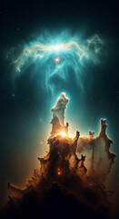 Poster - Cosmic nebula image, teal and orange hues, showcasing celestial formations resembling rocky peaks, symbolizing vastness and cosmic wonder, ideal for space themes