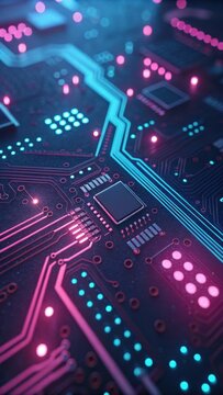 Abstract circuit board with neon pink and blue lights