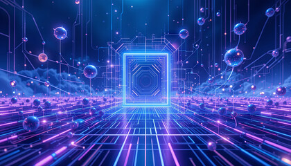 Poster - A vibrant neon portal stands at the center of a futuristic digital landscape