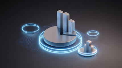 Fototapete - Cute isometric 3D image of 3D pie chart and bar chart in realistic metallic silver illuminated by neon blue. add floating, transparent charts and circular measurement tools. ensure perfect shapes an
