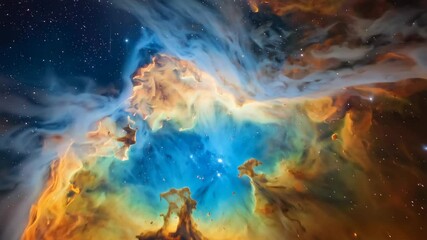 Wall Mural - Stunning cosmic cloudscape featuring vibrant hues of blue, gold, and brown with scattered star clusters, galaxy background