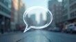 © Bias - A modern vector emblem presents a translucent thought bubble, rendered with realistic light effects and subtle distortions, floating over a blurred cityscape.