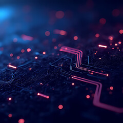 Aufkleber - Abstract close up of a complex electronic circuit board with glowing neon pink lines and red bokeh lights against a dark blue background representing technology and data flow