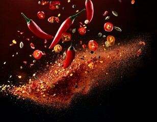 Fototapete - spicy chili flakes and seeds exploding in the air