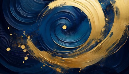 Fototapete - navy blue and gold brush stroke texture spiral background abstract asian splash of golden blue circles with copy space for artistic graphic wallpaper