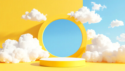 Poster - A vibrant, minimalistic scene featuring a circular mirror, fluffy clouds, and a bright yellow backdrop, creating an uplifting atmosphere