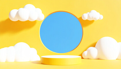 Poster - Bright yellow backdrop featuring white clouds and a blue circular cutout, creating a cheerful, minimalist scene ideal for design or display