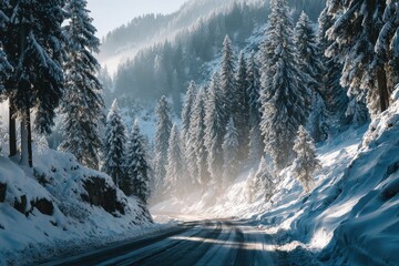 Poster - Snowy road curves through a pine forest in the Mountains during Winter, Sunlight Breaks Through the Fog