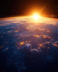 softly lit planet surface at sunrise seen from space