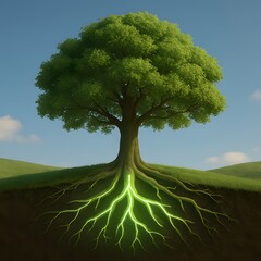 Aufkleber - Glowing Tree Roots Underneath the Ground with Lush Green Foliage