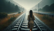 © Elena - A woman in a trench coat walks alone on rainy railway tracks through a misty landscape, symbolizing solitude, resilience, and reflection. Concepts of journey, emotion. Self-discovery.