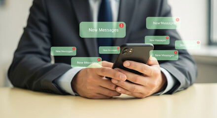 Poster - Man in suit holding smartphone with new message notifications displayed on the screen around it