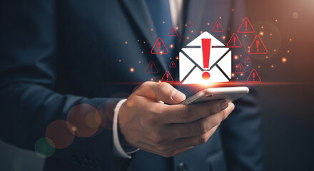 Poster - Man holding smartphone with email alert and warning signs indicating potential security threat
