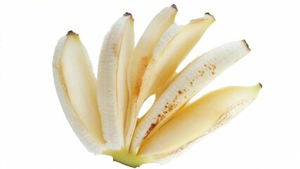 Poster - Fresh peeled bananas arranged neatly on a clean white surface, perfect for photography or illustration