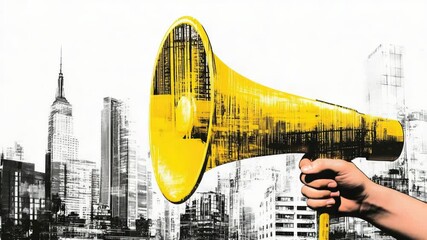 Poster - A bright yellow megaphone stands out against the urban backdrop, perfect for use in promotional materials or to grab attention