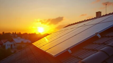 Poster - A solar panel installed on a roof with the sun setting in the background
