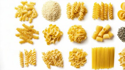 Poster - A variety of pasta shapes and colors on a white background