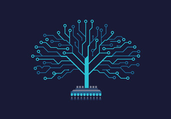Fototapete - Abstract digital tree illustration with circuit board roots and branches against a dark blue background.